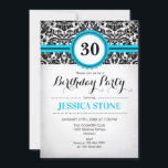 30års födelsedag - Aqua Blue Black White Damask Inbjudningar<br><div class="desc">Elegant för inbjudan till 30års födelsedag med svart och vit damm och ledtråd av vattenblått. Perfekt för en kvinnas trettionde födelsedagsfest. Kan anpassas för vilket år som helst!</div>
