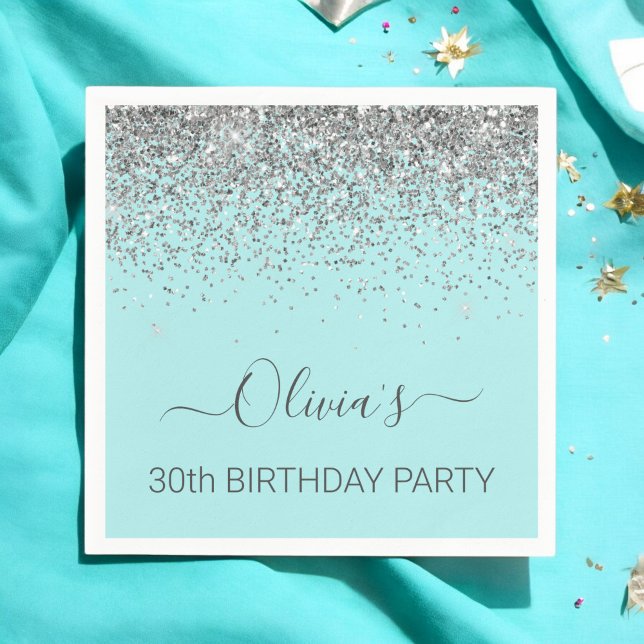 30års födelsedag Aqua Blue Teal Silver Glitter Pappersservett (Skapare uppladdad)