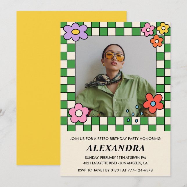 30års födelsedag bjuder in Retro Groovy Flowers Inbjudningar (Fram/baksida)