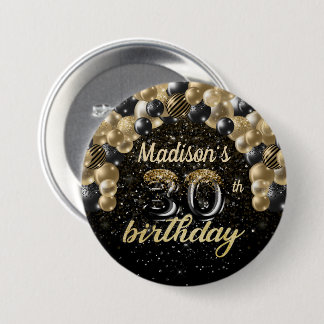 30års födelsedag Black Guld, Balloon Glitter Knapp