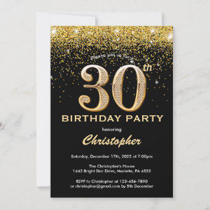30års födelsedag Black och Guld Glitter Confetti Inbjudningar