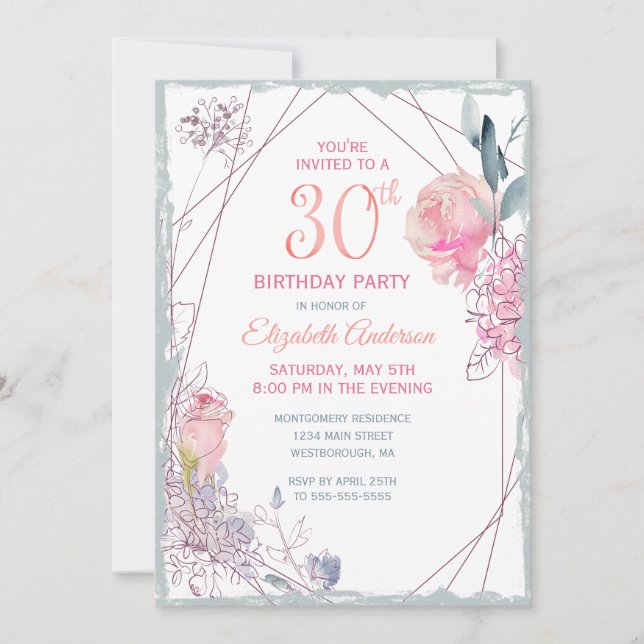 30års födelsedag Blommigt  Ro Watercolor Party Inbjudningar (Framsida)