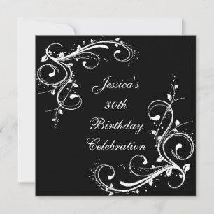 30års födelsedag Blommigt Swirls Black & White Inbjudningar