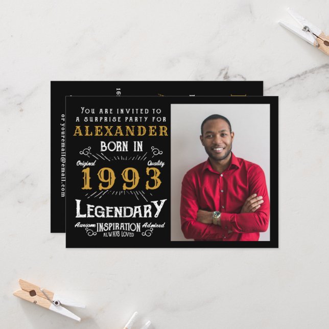 30års födelsedag Born 1993 Black Guld Retro Photo Inbjudningar (Fram/Back In Situ)