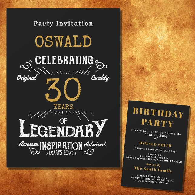 30års födelsedag Born Legendary Black Guld Retro Inbjudningar (For those celebrating their 30th birthday we have the ideal birthday party invitation)