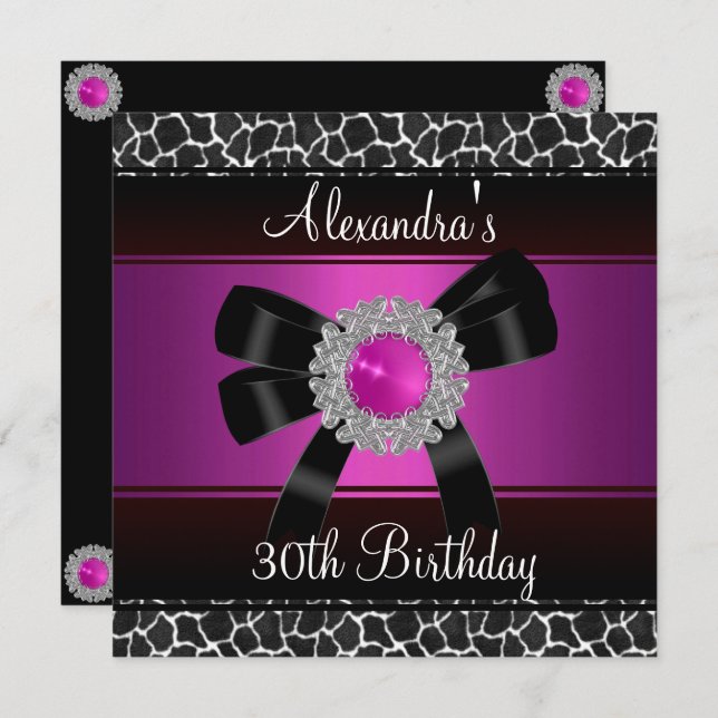 30års födelsedag Bright Rosa Giraffe Silver jewel  Inbjudningar (Fram/baksida)