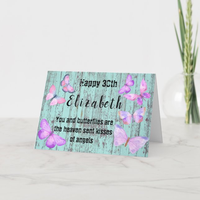 30års födelsedag Butterfly Watercolor Blue Rosa Kort (Framsida)