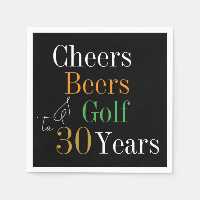 30års födelsedag Cheers och Öl Golf Black och Guld Pappersservett (Framsidan)