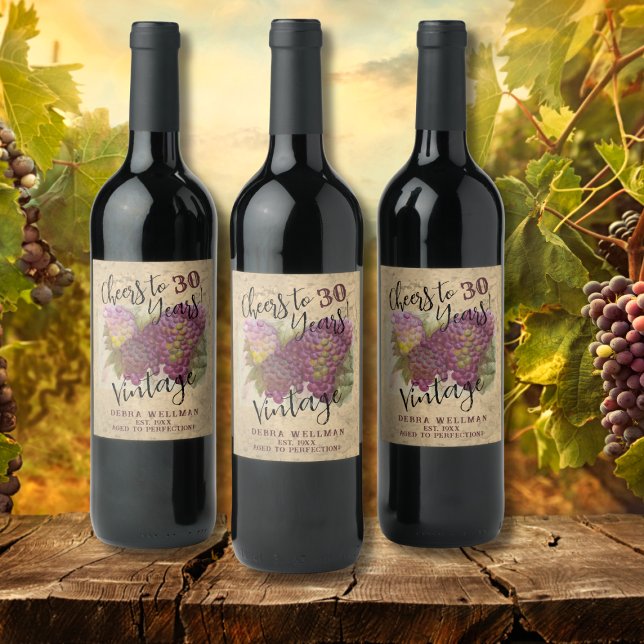 30års födelsedag Cheers till 30 år Rustic Vineyard Vinflaska Etikett (Skapare uppladdad)