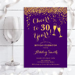 30års födelsedag - Cheers till 30 års Guld Lila Inbjudningar<br><div class="desc">Inbjudan till 30års födelsedag. Skål för 30 år! Elegantens utformning i lila och guld. Innehåller champagneglas,  typsnitt och konfekti. Perfekt för en snyggt 30 födelsedagsfester. Anpassa med dina egna detaljer. Kan anpassas för att visa vilken ålder som helst.</div>