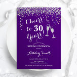 30års födelsedag - Cheers till 30 års Lila Silver Inbjudningar<br><div class="desc">Inbjudan till 30års födelsedag. Skål för 30 år! Elegantens utformning i lila,  vitt och silver. Innehåller champagneglas,  typsnitt för manus och konetti glitter silver. Perfekt för en snyggt 30 födelsedagsfester. Anpassa med dina egna detaljer. Kan anpassas för att visa vilken ålder som helst.</div>