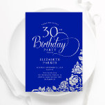 30års födelsedag Elegant Royal Blue Silver Ro Inbjudningar<br><div class="desc">Enkel elegant 30års födelsedag-inbjudan i royal blue och silver. Klassdesign med ro,  faux silver-folie och typsnitt för typsnitt. Trendig inbjudan-kortets perfekt för en snyggt kvinnlig dag firande. Anpassa med dina egna detaljer. Kan anpassas till vilken ålder som helst. Skrivna Zazzle-inbjudningar eller digital utskrivbar mall för omedelbar nedladdning.</div>