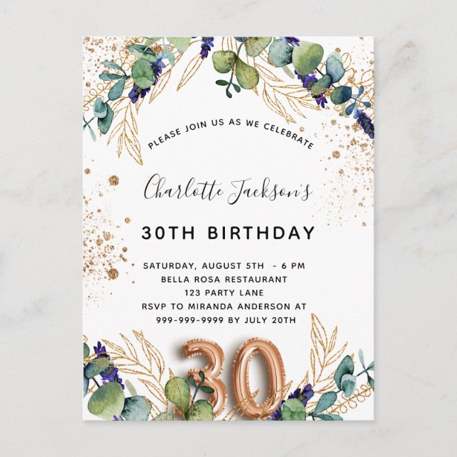 30års födelsedag eucalyptus greenery glitter elega inbjudan vykort (Framsida)
