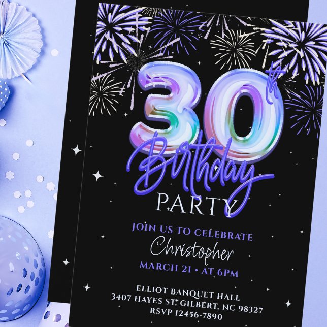30års födelsedag för Him Blue Fireworks Foil Ballo Inbjudningar (Skapare uppladdad)