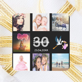 30års födelsedag fotocollage black monogram fyrkantigt klistermärke