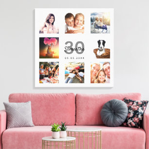 30års födelsedag fotokollage, vitt monogram canvastryck