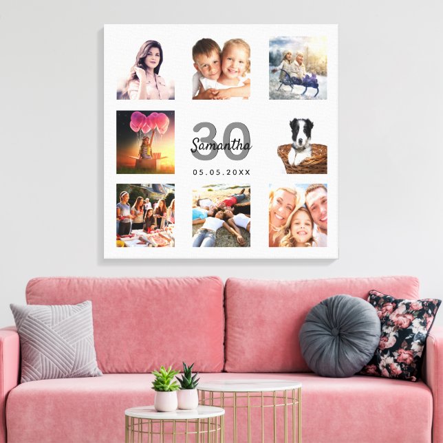 30års födelsedag fotokollage, vitt monogram canvastryck (Insitu (Vardagsrum))
