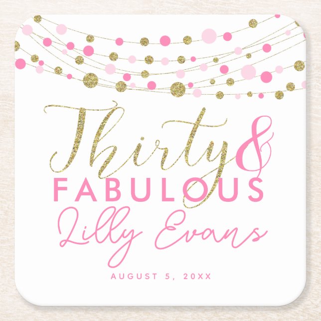 30års födelsedag guld och rosa underläggs anpassad underlägg papper kvadrat (Framsidan)