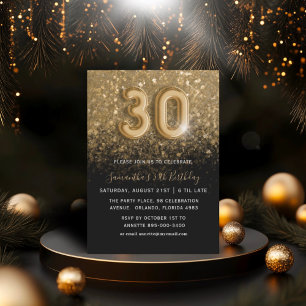 30års födelsedag Guld och Svarta Glitter Party Inbjudningar