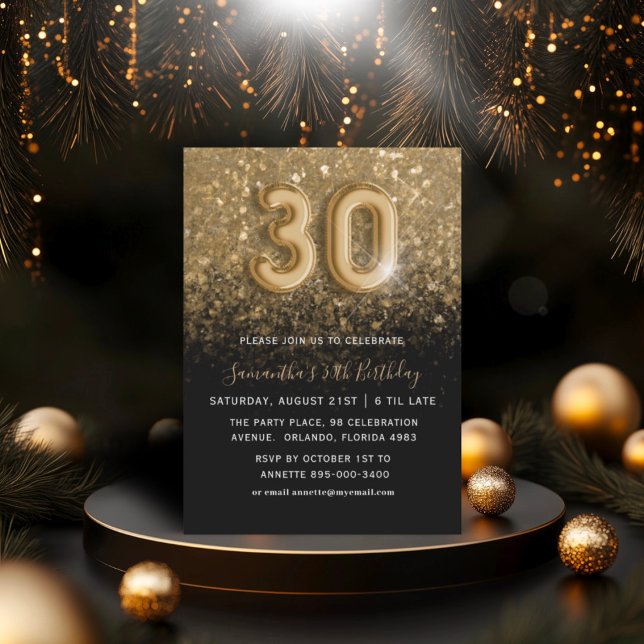 30års födelsedag Guld och Svarta Glitter Party Inbjudningar (Skapare uppladdad)