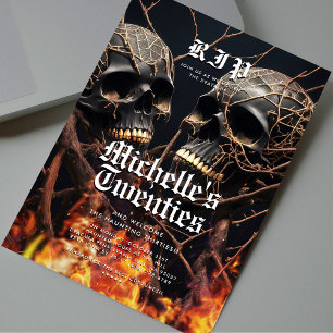 30års födelsedag Halloween Black Guld Skull Modern Inbjudningar