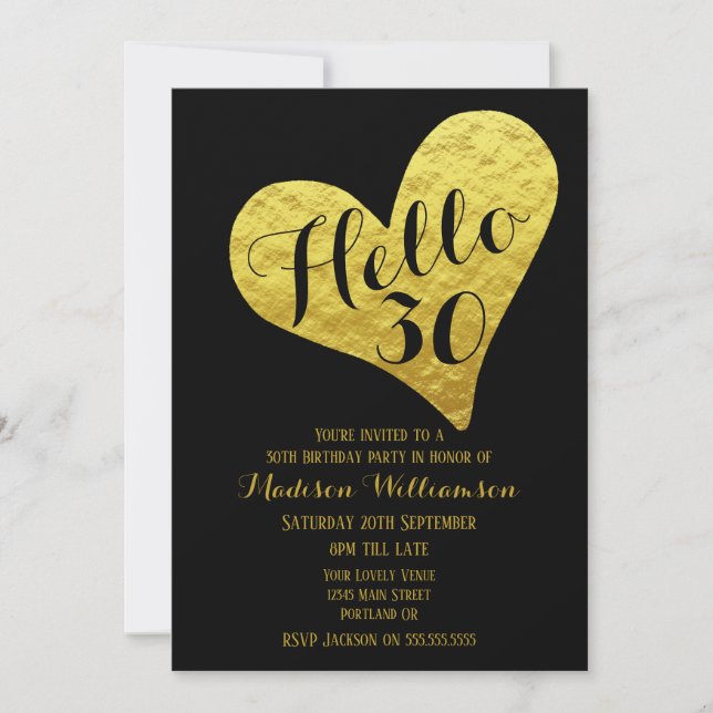 30års födelsedag Hej 30 Black and Faux Guld Heart Inbjudningar (Framsida)