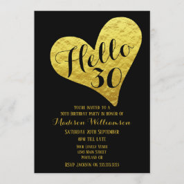 30års födelsedag Hej 30 Black and Faux Guld Heart Inbjudningar