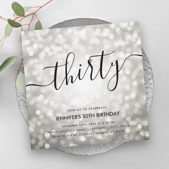 30års födelsedag i det moderna Silver Glitter Ljus Inbjudningar (Modern Silver Glitter Lights 30th Birthday Invitation)