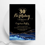 30års födelsedag inbjudningar<br><div class="desc">Vänsterblått,  svart och guld-agate-inbjudan till 30års födelsedag. Elegantens moderna utformning med royal blue water agate marble geode-bakgrund,  faux glitter guld och typography-skript. Trendig inbjudan-kortets perfekt för en snyggt kvinnor i firande. Skrivna Zazzle-inbjudningar eller digital utskrivbar mall för omedelbar nedladdning.</div>