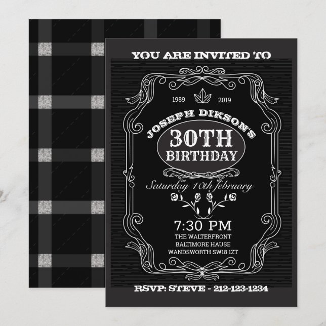 30års födelsedag INVITATION, Black & grått Whisky  Inbjudningar (Fram/baksida)