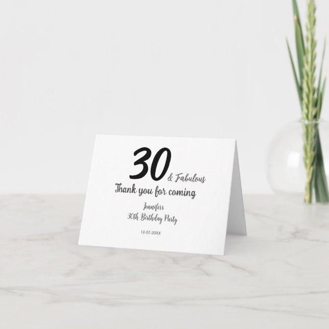 30års födelsedag lägg till namn, datumår svart tack kort (Framsida)