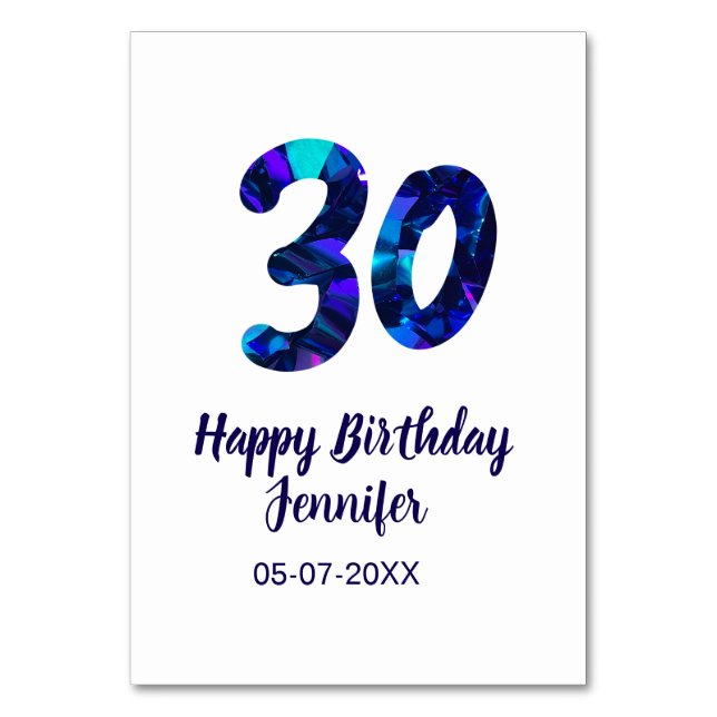 30års födelsedag lägger till namn datum år blå gni bordsnummer (Framsidan)