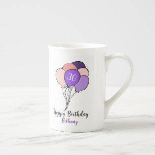 30års födelsedag lila och rosa ballonger benporslin mugg
