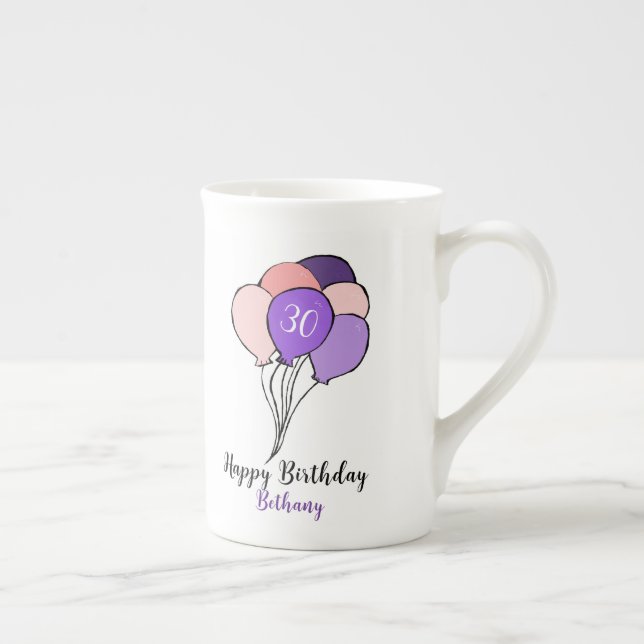 30års födelsedag lila och rosa ballonger benporslin mugg (Höger)
