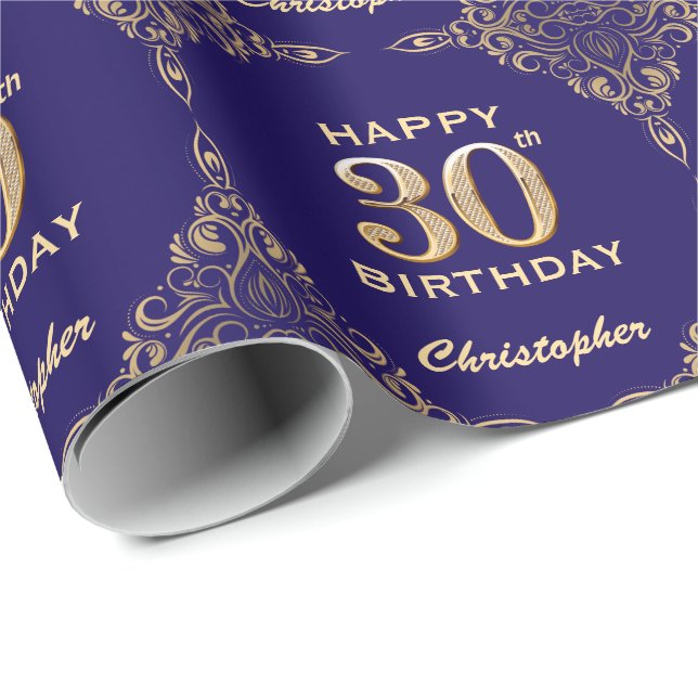 30års födelsedag-marinblått och Guld-Glitter Ram Presentpapper (Rullad Hörn)