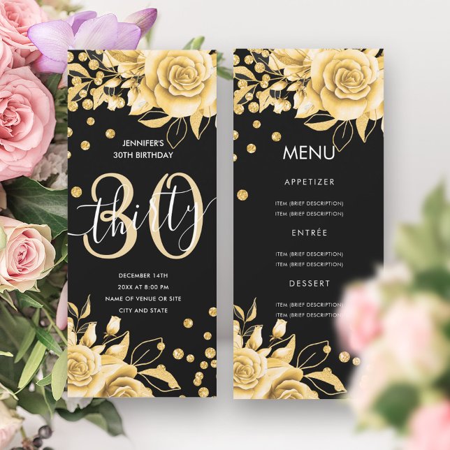 30års födelsedag Menu Guld Blommigt Glitter Black Inbjudningar (30th Birthday Menu Gold Floral Glitter Black Invitation)