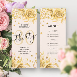 30års födelsedag Menu Guld Blommigt Glitter Inbjudningar