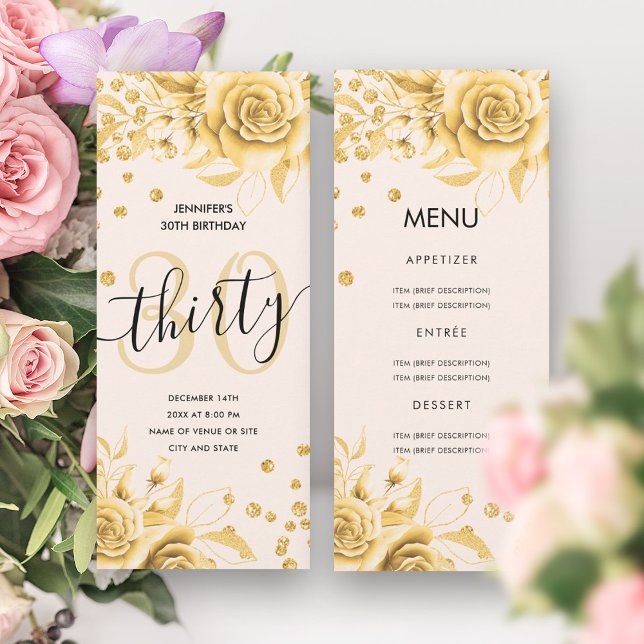 30års födelsedag Menu Guld Blommigt Glitter Inbjudningar (30th Birthday Menu Gold Floral Glitter Invitation)