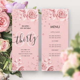 30års födelsedag Menu Ro Guld Blommigt Glitter Inbjudningar