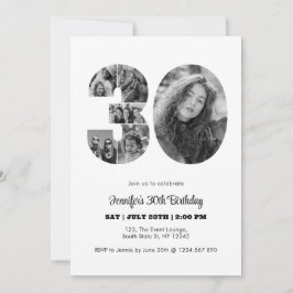 30års födelsedag nummer 30, svart fotofärgvit inbjudningar