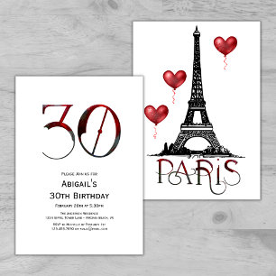 30års födelsedag Paris, Eiffel Torn, Red Balloons Inbjudningar