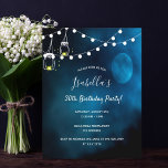 30års födelsedag party blå måne ljus inbjudan vykort<br><div class="desc">Ett romantiskt inbjudan-kort för 30års födelsedag party. En mörk och blå kväll och natt med fullt måne och sträng ljus. Två lackade mason burk med ljus. Mallar för datum,  namn,  händelsemängd och OSA. Namn är skrivet med ett modernt handskript i stil. Vit brev.</div>