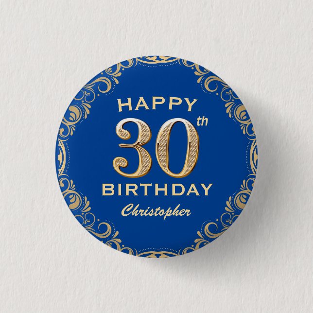 30års födelsedag Party Blue och Guld Glitter Ram Knapp (Framsida)