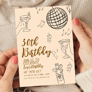 30års födelsedag Party Disco Boll och Cocktails Inbjudningar