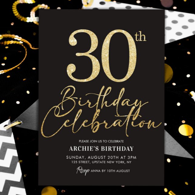 30års födelsedag Party Elegant Black & Guld Glitte Inbjudningar (30th Birthday invitation Adult Personalized Template Black and gold)
