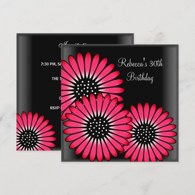 30års födelsedag Party Elegant  Black Rosa Flowers Inbjudningar (Fram/baksida)
