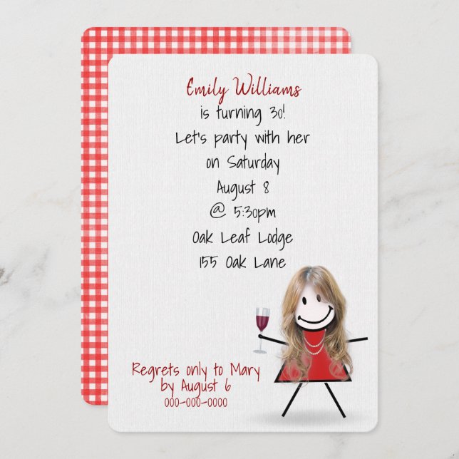30års födelsedag Party flicka med Vin Inbjudningar (Fram/baksida)