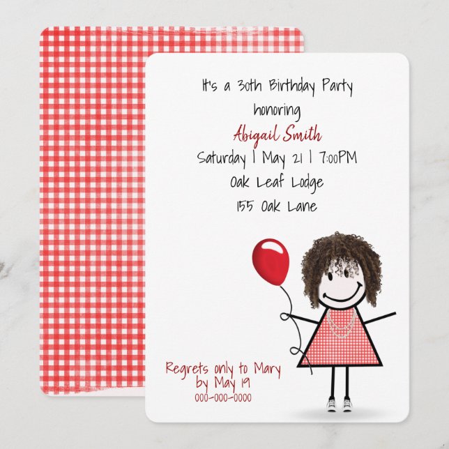 30års födelsedag Party Girl med Red Balloon Inbjudningar (Fram/baksida)