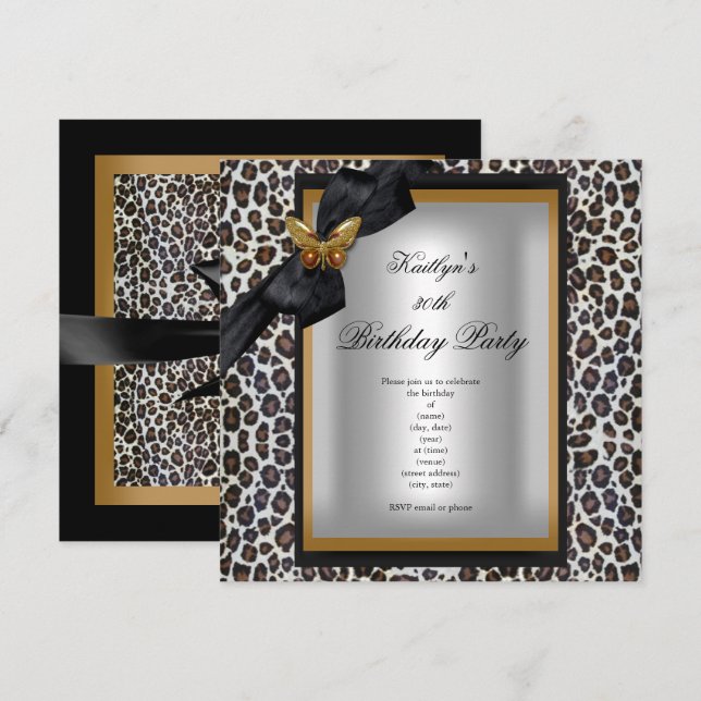 30års födelsedag Party Guld Cheetah Black Butterfl Inbjudningar (Fram/baksida)