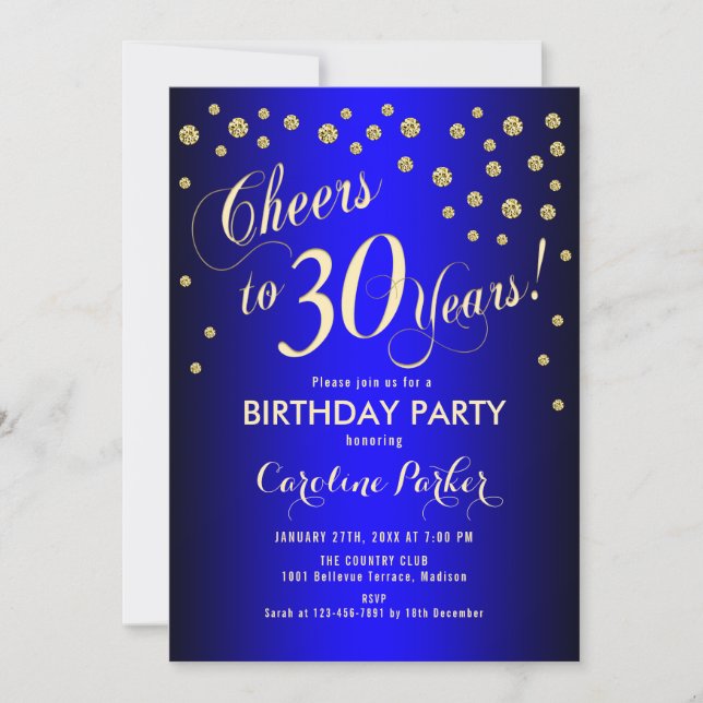 30års födelsedag Party - Guld Royal Blue Inbjudningar (Framsida)